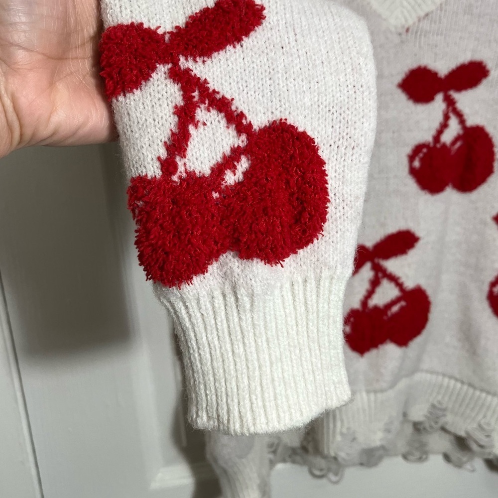 ALTAR’D STATE Cherry Print White V-Neck Distressed Sherpa Sweater | size small - Picture 4 of 10